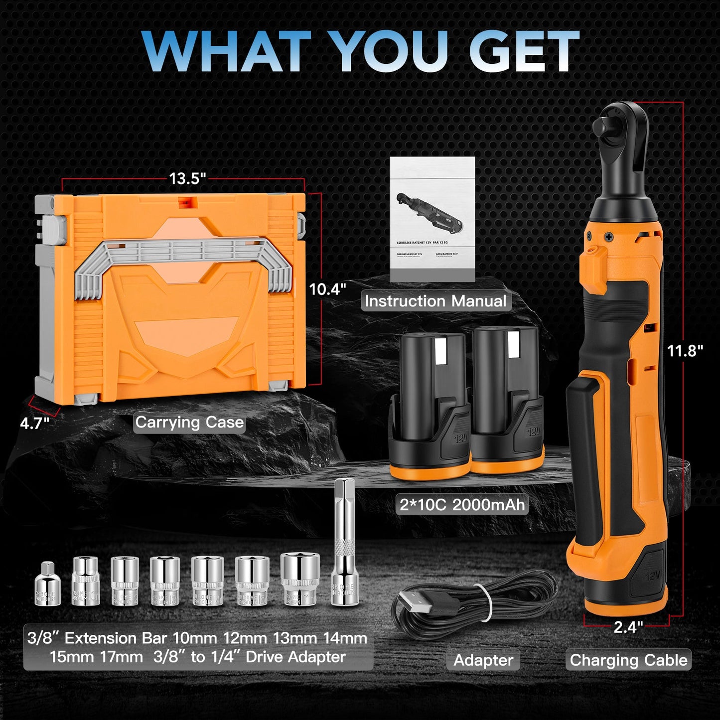 SPBTAR 3/8" Cordless Electric Ratchet Wrench, 59 Ft-lbs Torque, 20V Power Tool Kit with 2x2.0Ah Batteries, LED Light & 13 Accessories for Car & Home Repairs