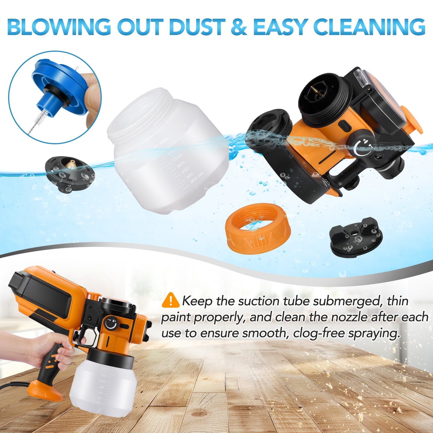 SPBTAR 1000W Electric Paint Sprayer, HVLP Spray Gun with 3 Nozzles & Patterns, Cleaning & Blowing Joints for House, Fence, Walls, Furniture, Garden Chairs