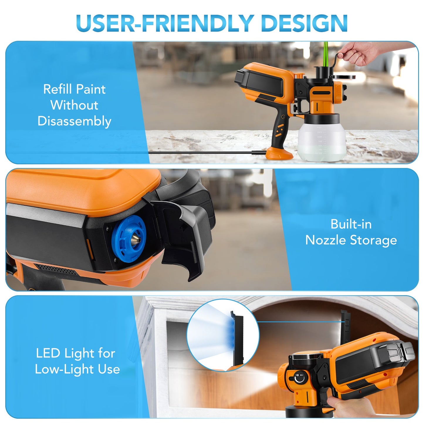 SPBTAR 1000W Electric Paint Sprayer, HVLP Spray Gun with 3 Nozzles & Patterns, Cleaning & Blowing Joints for House, Fence, Walls, Furniture, Garden Chairs