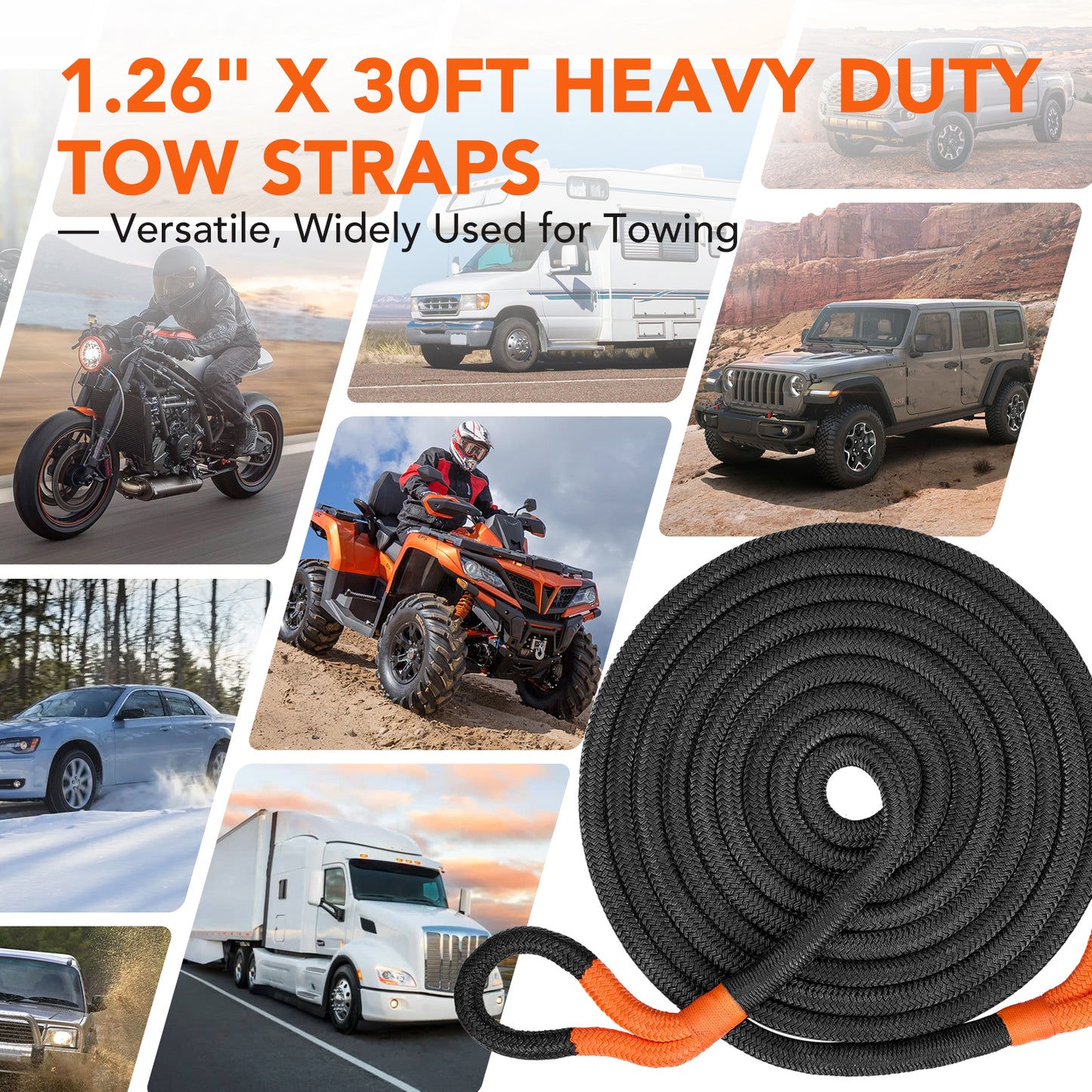 SPBTAR Kinetic Recovery Tow Rope, 1.26" x 30FT 60000LBS with Two Soft Shackles Heavy Duty Off Road Snatch Strap, 35% High Elasticity Recovery Strap Kit for Truck, Tractor, Car, ATV, UTV, Jeep