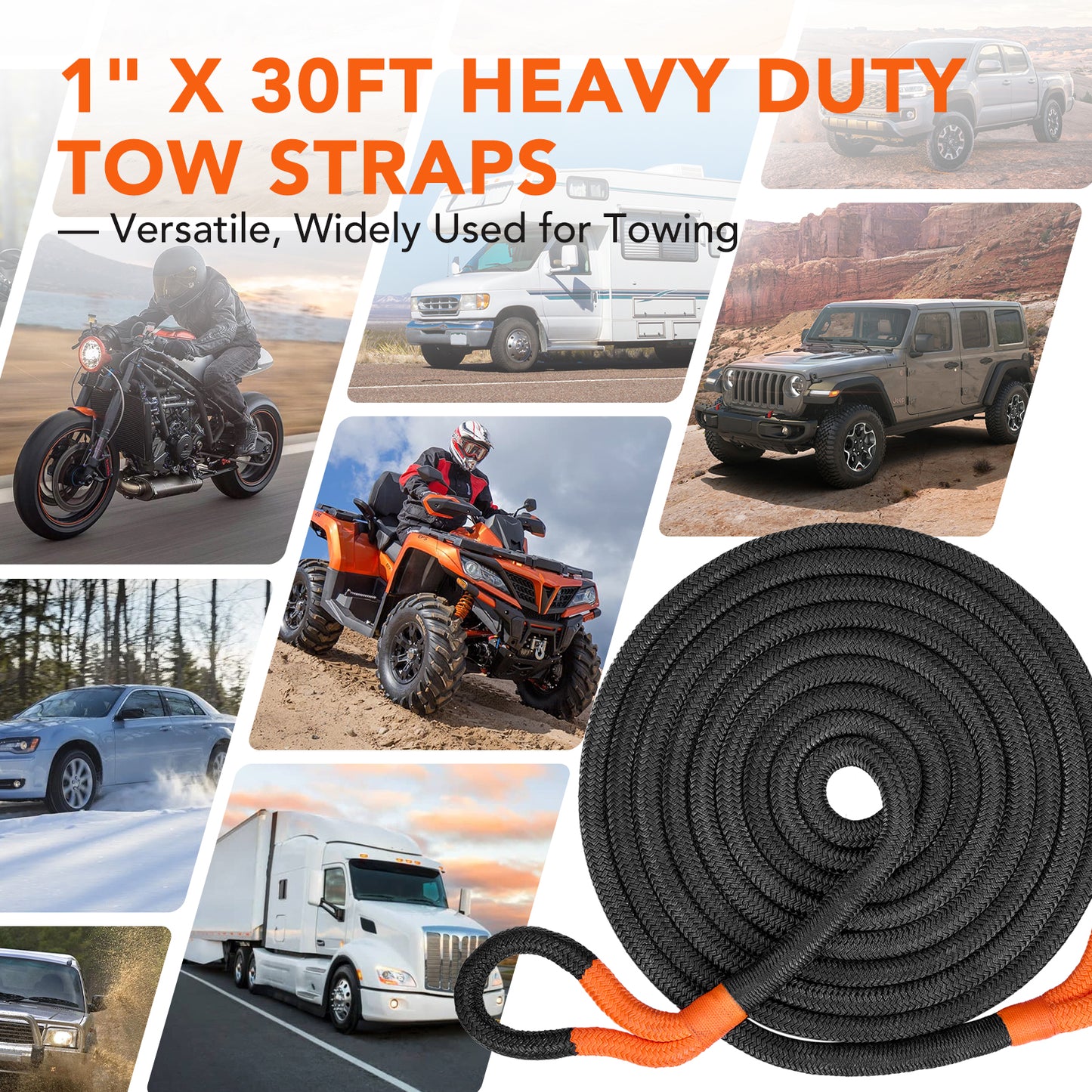 SPBTAR Kinetic Recovery Tow Rope, 1" x 30FT 50000LBS with Two Soft Shackles Heavy Duty Off Road Snatch Strap, 35% High Elasticity Recovery Strap Kit for Truck, Tractor, Car, ATV, UTV, Jeep
