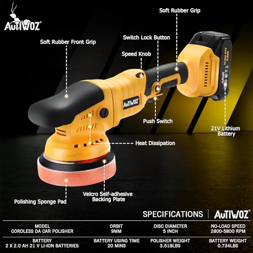 SPBTAR Cordless Polisher Kit, 21V Dual-Handle Buffer with 2×4.0Ah Batteries, Variable Speed, Complete Car Detailing Set with Foam Pads, Wool Pads & Storage Bag