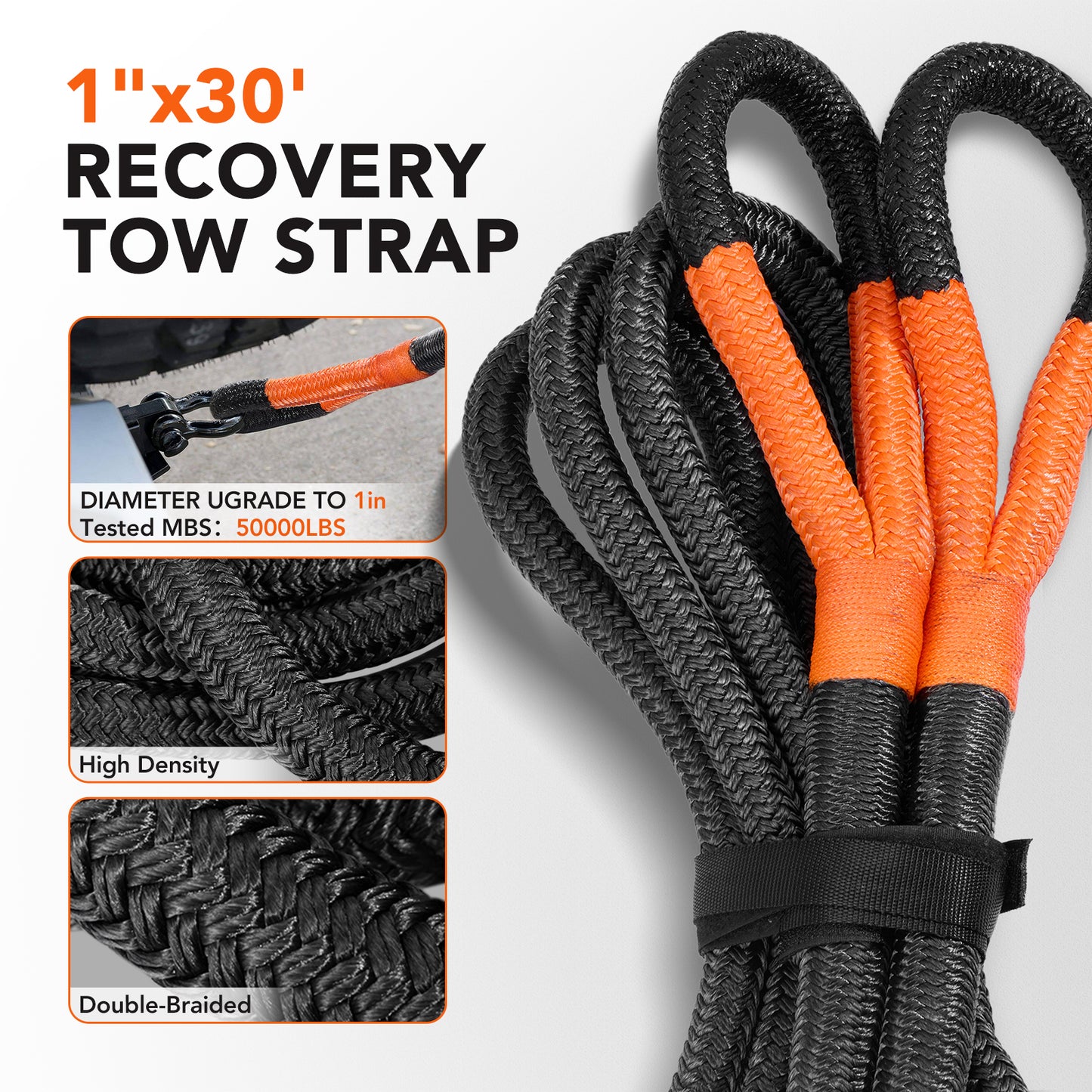 SPBTAR Kinetic Recovery Tow Rope, 1" x 30FT 50000LBS with Two Soft Shackles Heavy Duty Off Road Snatch Strap, 35% High Elasticity Recovery Strap Kit for Truck, Tractor, Car, ATV, UTV, Jeep