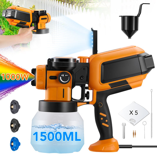 SPBTAR 1000W Electric Paint Sprayer, HVLP Spray Gun with 3 Nozzles & Patterns, Cleaning & Blowing Joints for House, Fence, Walls, Furniture, Garden Chairs