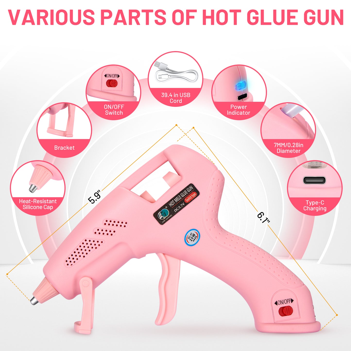 SPBTAR Cordless Hot Glue Gun, Fast Preheating with 2Ah Built-in Battery, Hot Melt Glue Gun with Stand, 20pcs Premius Mini Glue Sticks, Smart Power-Off, USB-C Charging for DIY Gift, Crafts and Arts