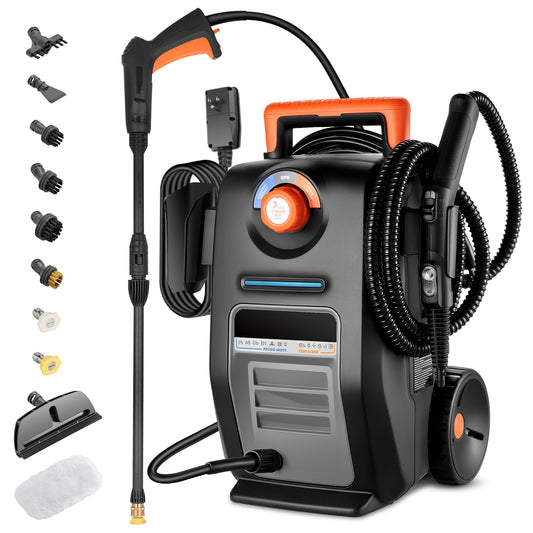 SPBTAR 2-in-1 Pressure Washer, 3000PSI 2GPM High Pressure Cleaner with Steam Cleaner, 2 Quick-Connect Nozzles & Soap Tank for Car/Fences/Driveway/Home/Patio Cleaning