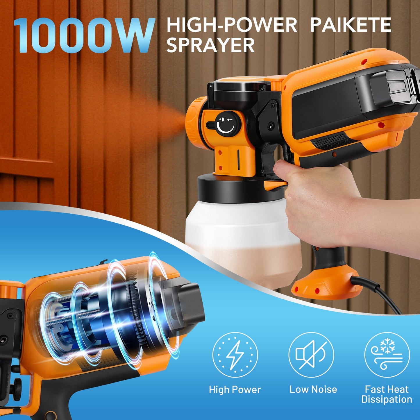 SPBTAR 1000W Electric Paint Sprayer, HVLP Spray Gun with 3 Nozzles & Patterns, Cleaning & Blowing Joints for House, Fence, Walls, Furniture, Garden Chairs