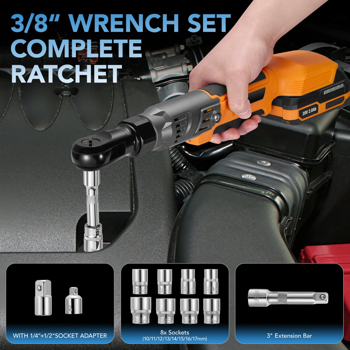 SPBTAR 3/8" Cordless Ratchet Wrench, 89Ft-lbs (120Nm) Brushless Power Tool Kit, 20V 250RPM with 2x2.0Ah Batteries, 8 Sockets, Charger for Car, Motorcycle, Home Repairs