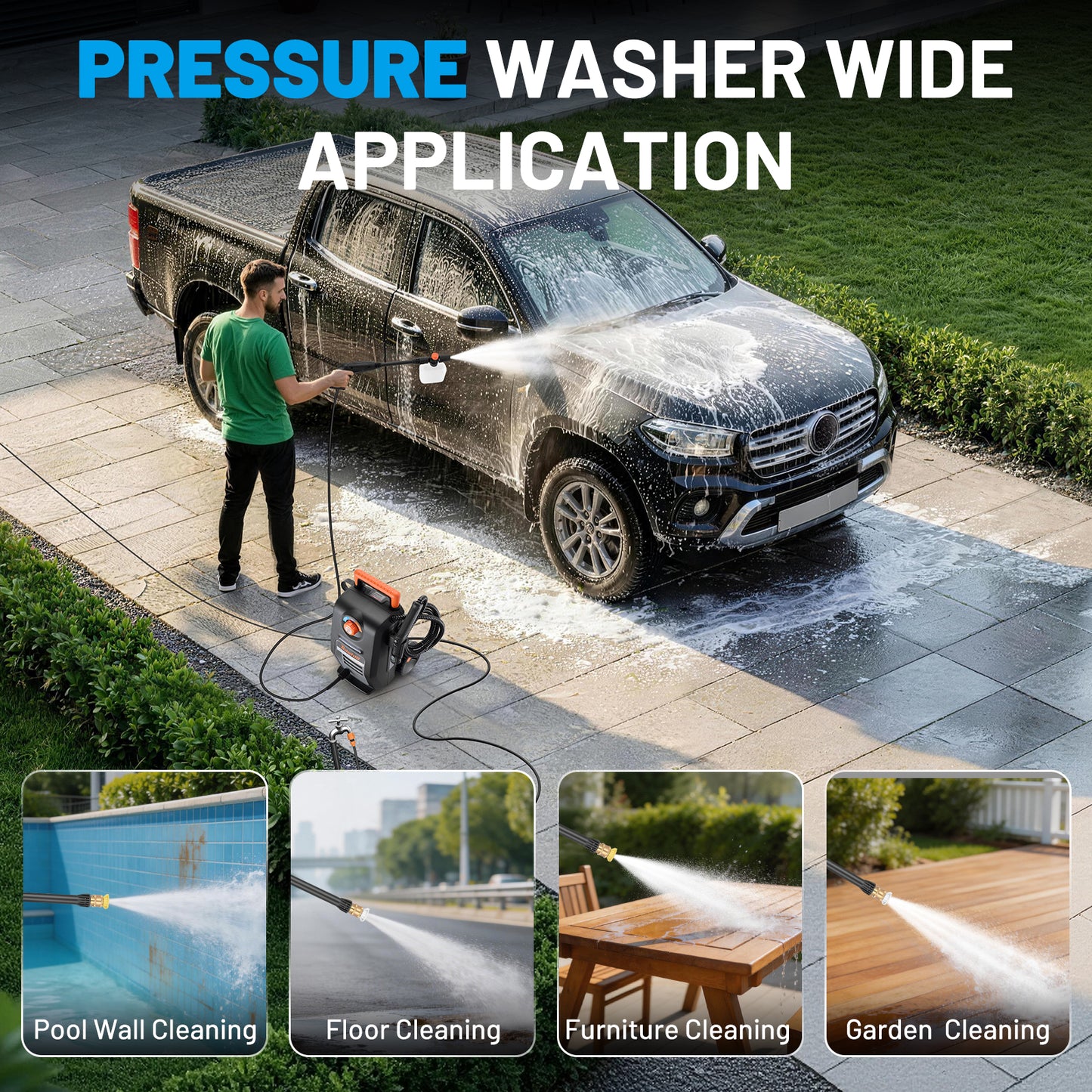 SPBTAR 2-in-1 Pressure Washer, 3000PSI 2GPM High Pressure Cleaner with Steam Cleaner, 2 Quick-Connect Nozzles & Soap Tank for Car/Fences/Driveway/Home/Patio Cleaning