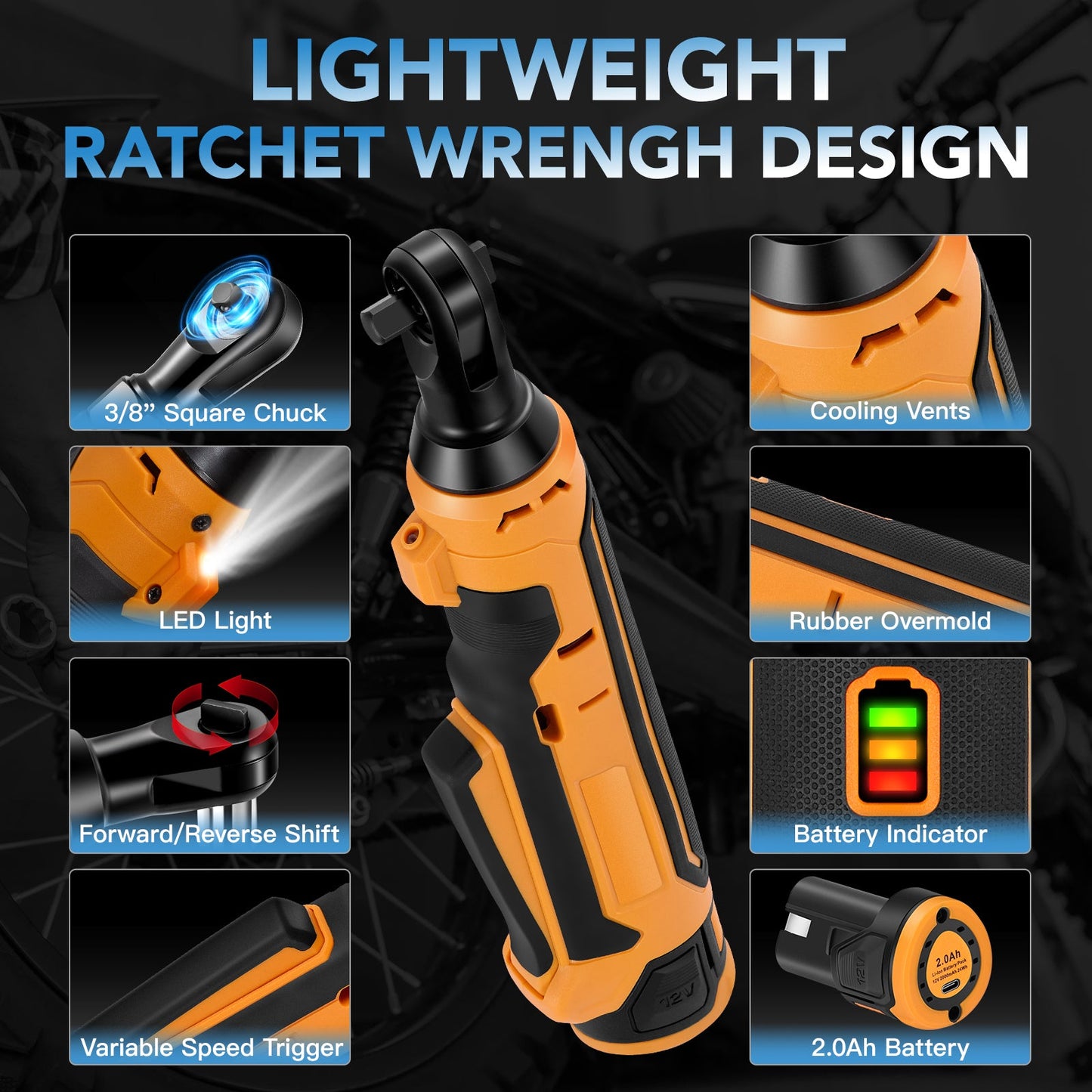 SPBTAR 3/8" Cordless Electric Ratchet Wrench, 59 Ft-lbs Torque, 20V Power Tool Kit with 2x2.0Ah Batteries, LED Light & 13 Accessories for Car & Home Repairs