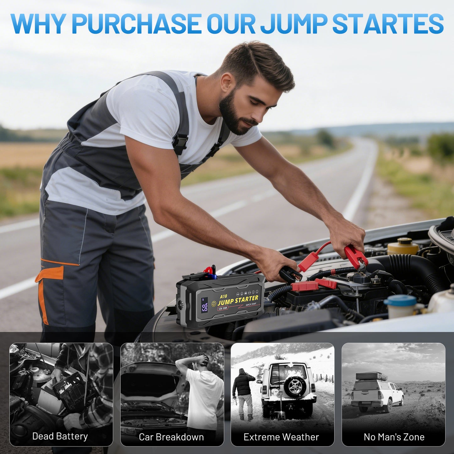SPBTAR Car Battery Jump Starter, 2000A Peak 18000mAh Battery Booster, Fast Charger 12V Jumper Cables for 8.0L Gasoline & 6.0L Diesel Engines