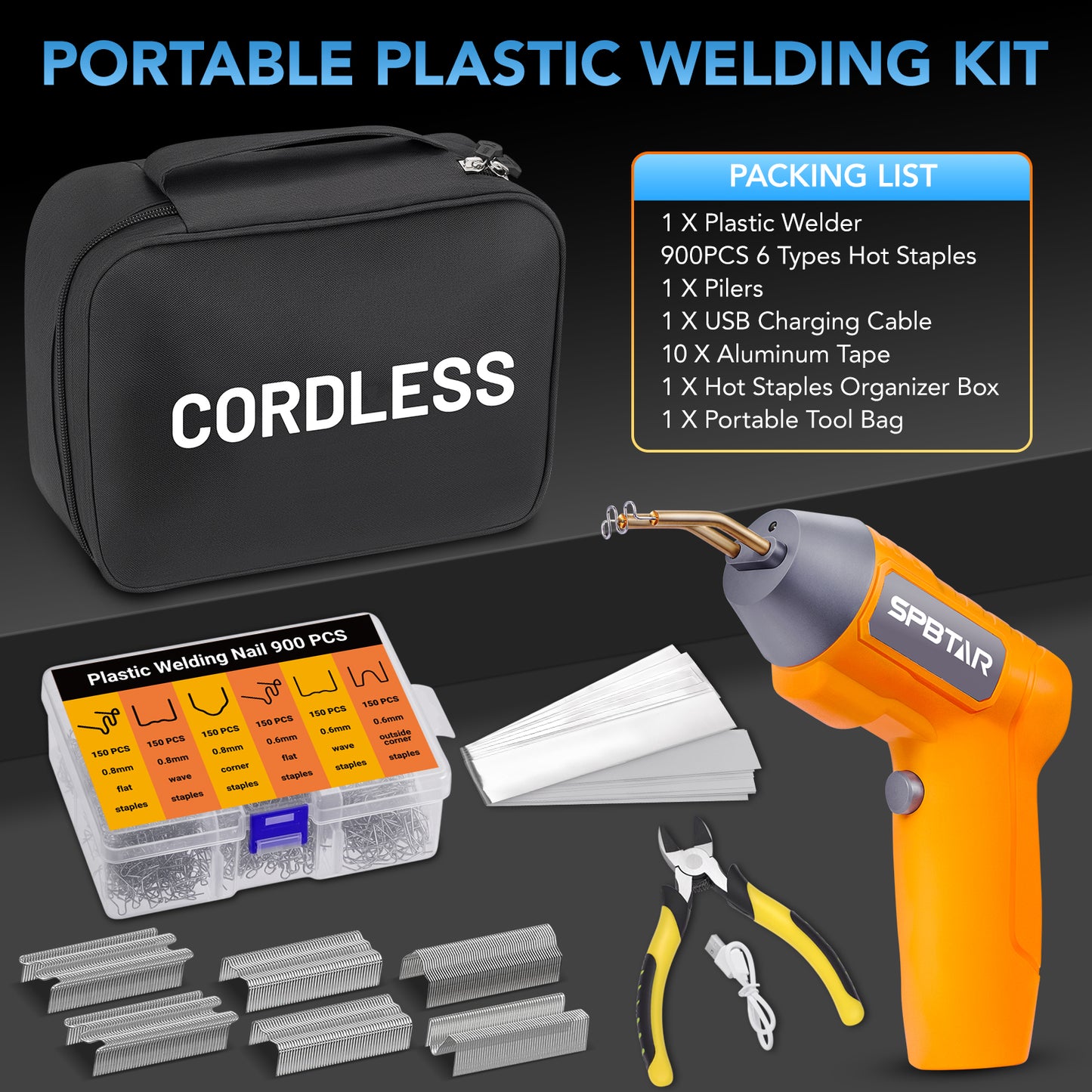 SPBTAR Cordless Plastic Welder, 900PCS Hot Staples Plastic Welding Kit with 5.0Ah Battery, LED Light, Pilers and Portable Toolbox, Staple Gun Plastic Repair Kit for Toys, Car Bumper, Plastic Crack
