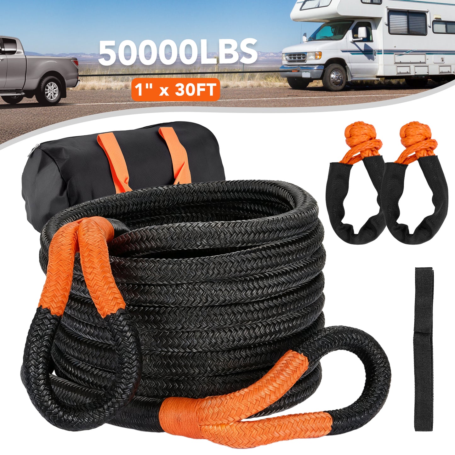 SPBTAR Kinetic Recovery Tow Rope, 1" x 30FT 50000LBS with Two Soft Shackles Heavy Duty Off Road Snatch Strap, 35% High Elasticity Recovery Strap Kit for Truck, Tractor, Car, ATV, UTV, Jeep