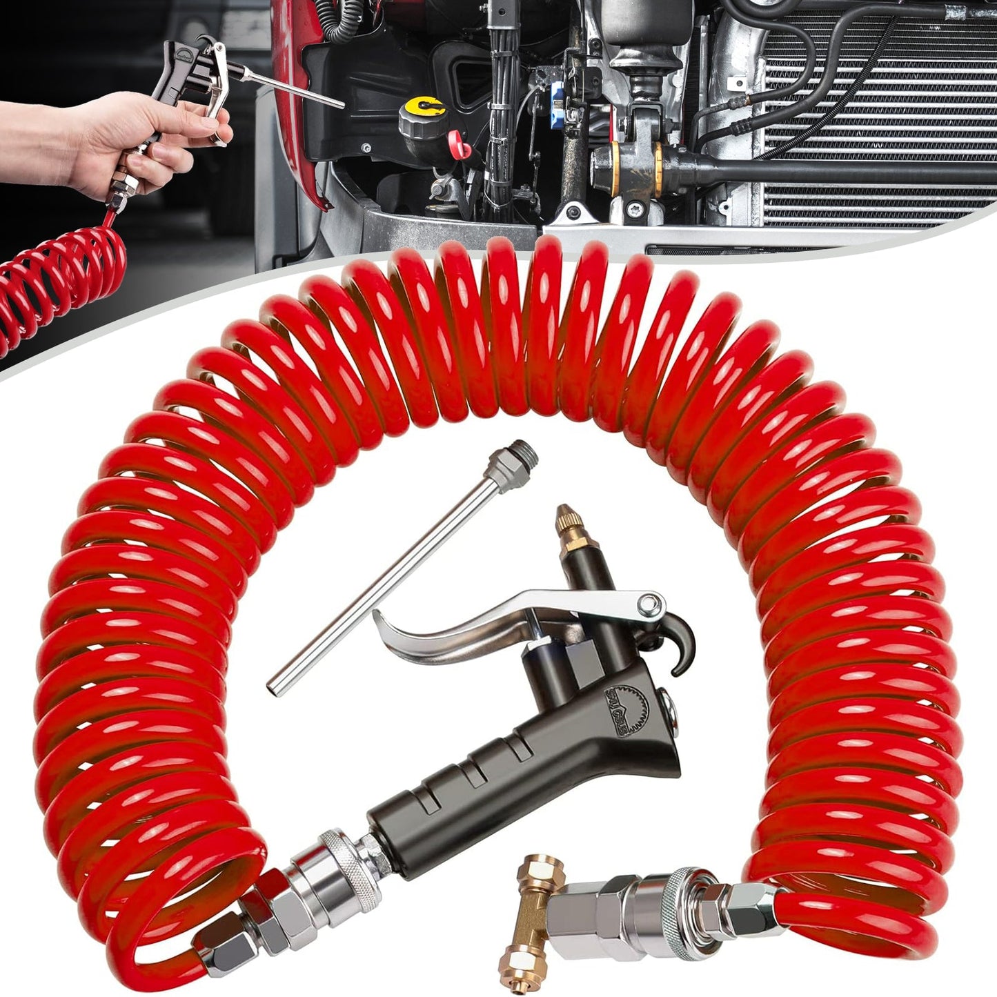 SPBTAR Heavy Duty Air Blow Gun Kit with 30FT Recoil Hose, 2 Interchangeable Nozzles, 180 PSI High Pressure, Quick Connect Truck Cab Cleaning Tool