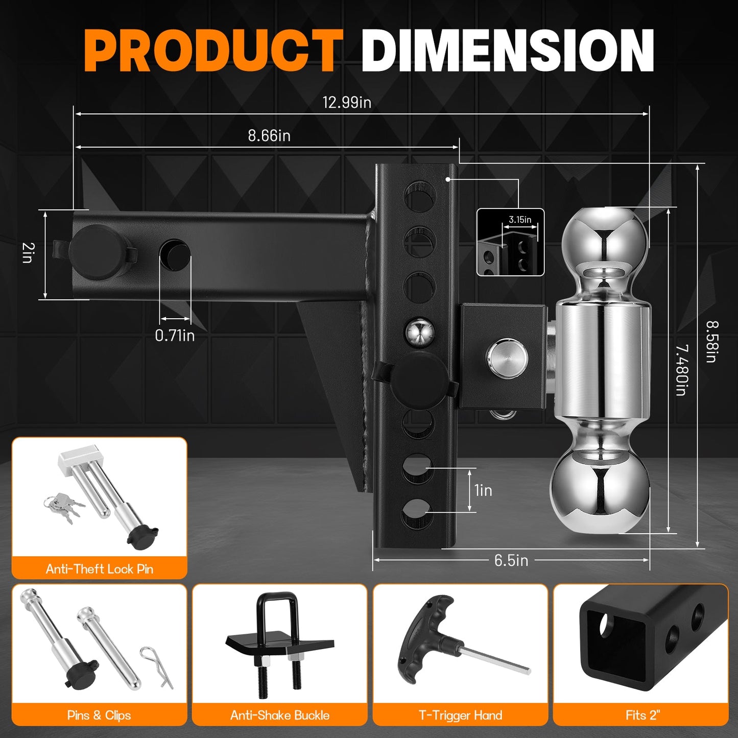 SPBTAR Heavy Duty Adjustable Trailer Hitch for 2" Receiver, 20,000 lbs GTW Aluminum Drop Hitch with 6" Drop/Rise, Dual Ball Mount (2" & 2-5/16") and 2 Anti-Theft Locking Pins