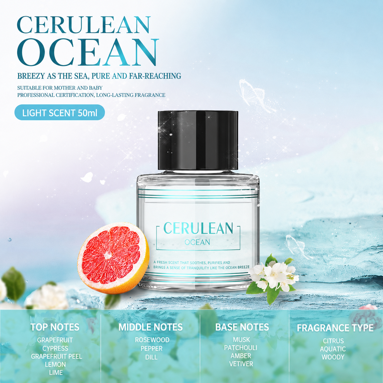 SPBTAR Pure Ocean Scented Oil for Cars - 50ml Refill for Smart Auto Air Fresheners & Diffusers, Eliminates Odors, Alcohol-Free, Long-Lasting Aromatherapy