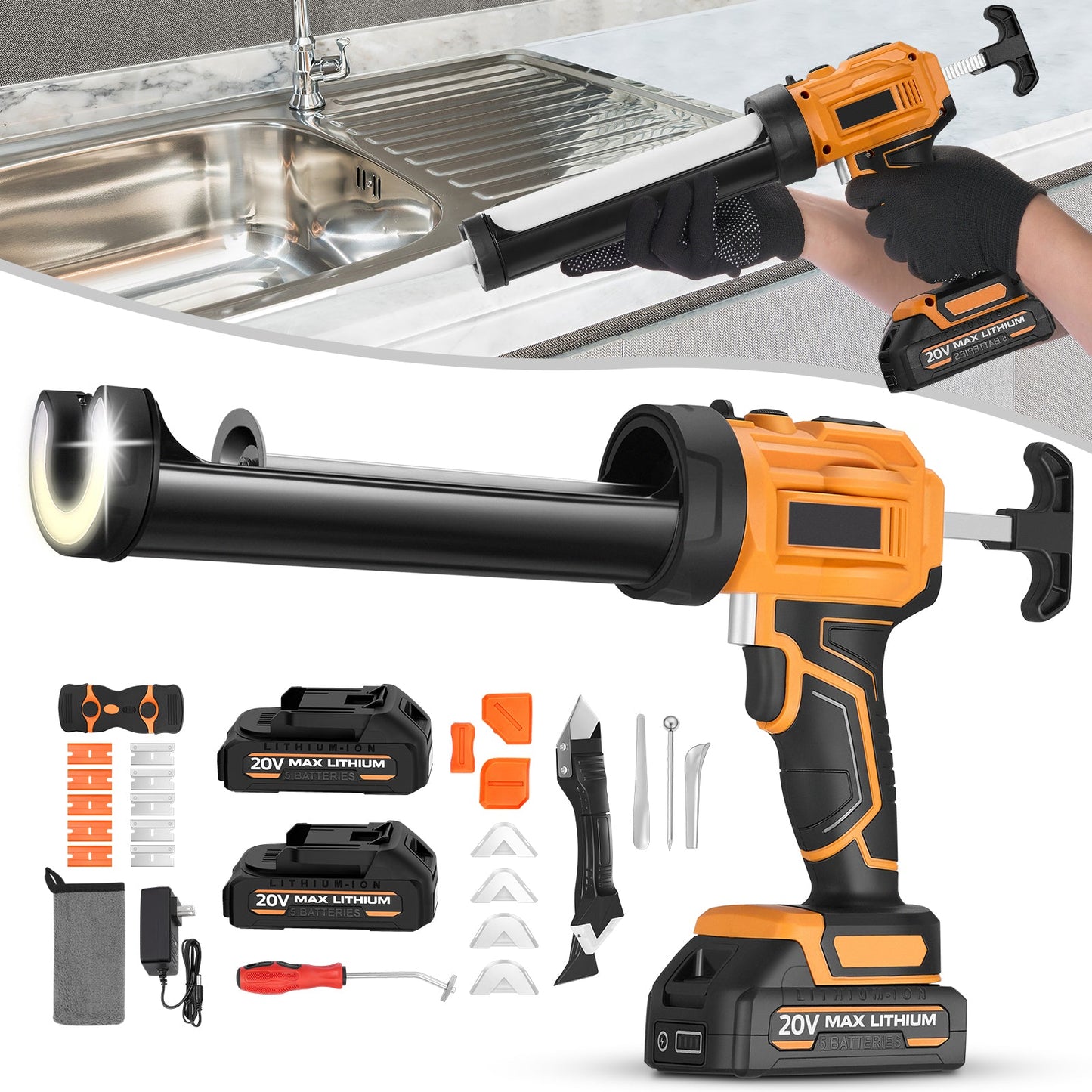 SPBTAR Cordless Caulking Gun Kit, 10oz 20V Sealant Tool with 2 Batteries, 4-Speed Control, High-Thrust Power, LED Light, Drip-Free Design