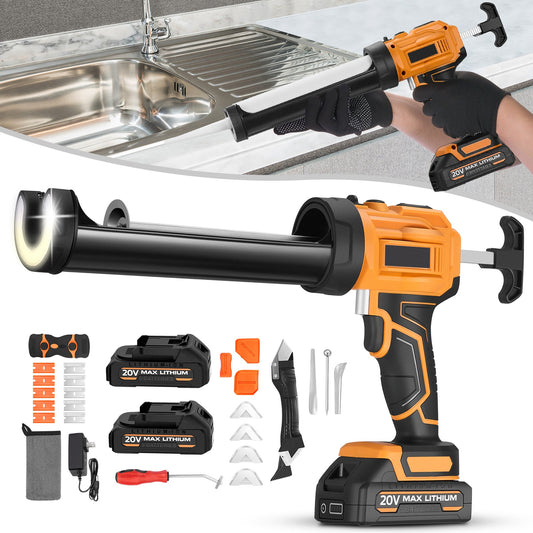 SPBTAR Cordless Caulking Gun Kit, 10oz 20V Sealant Tool with 2 Batteries, 4-Speed Control, High-Thrust Power, LED Light, Drip-Free Design