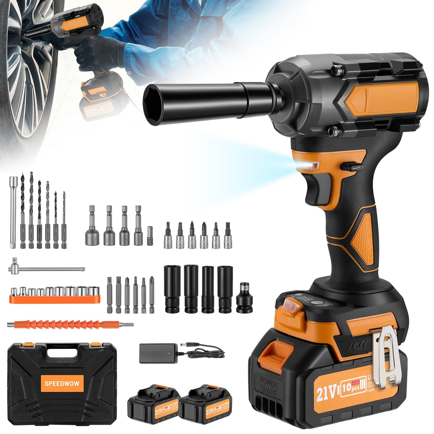 SPBTAR 1/2" Cordless Impact Wrench Kit, 1000N·m Brushless Motor, 21V 4.0Ah x2 Battery, 45PCS Socket & Drill Set for Car, Truck, RV, DIY