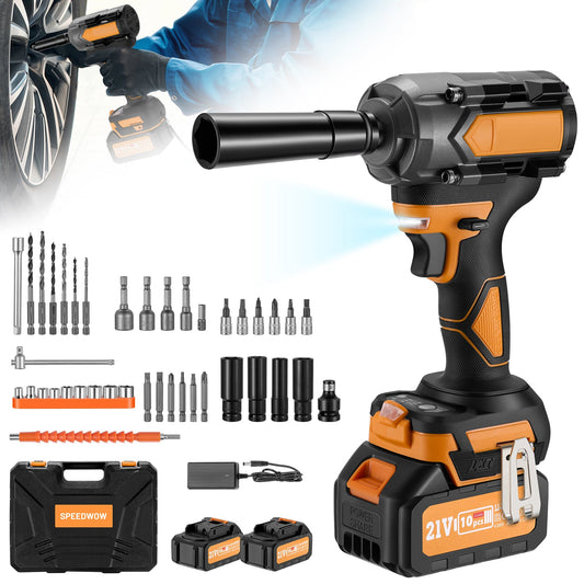 SPBTAR 1/2" Cordless Impact Wrench Kit, 1000N·m Brushless Motor, 21V 4.0Ah x2 Battery, 45PCS Socket & Drill Set for Car, Truck, RV, DIY