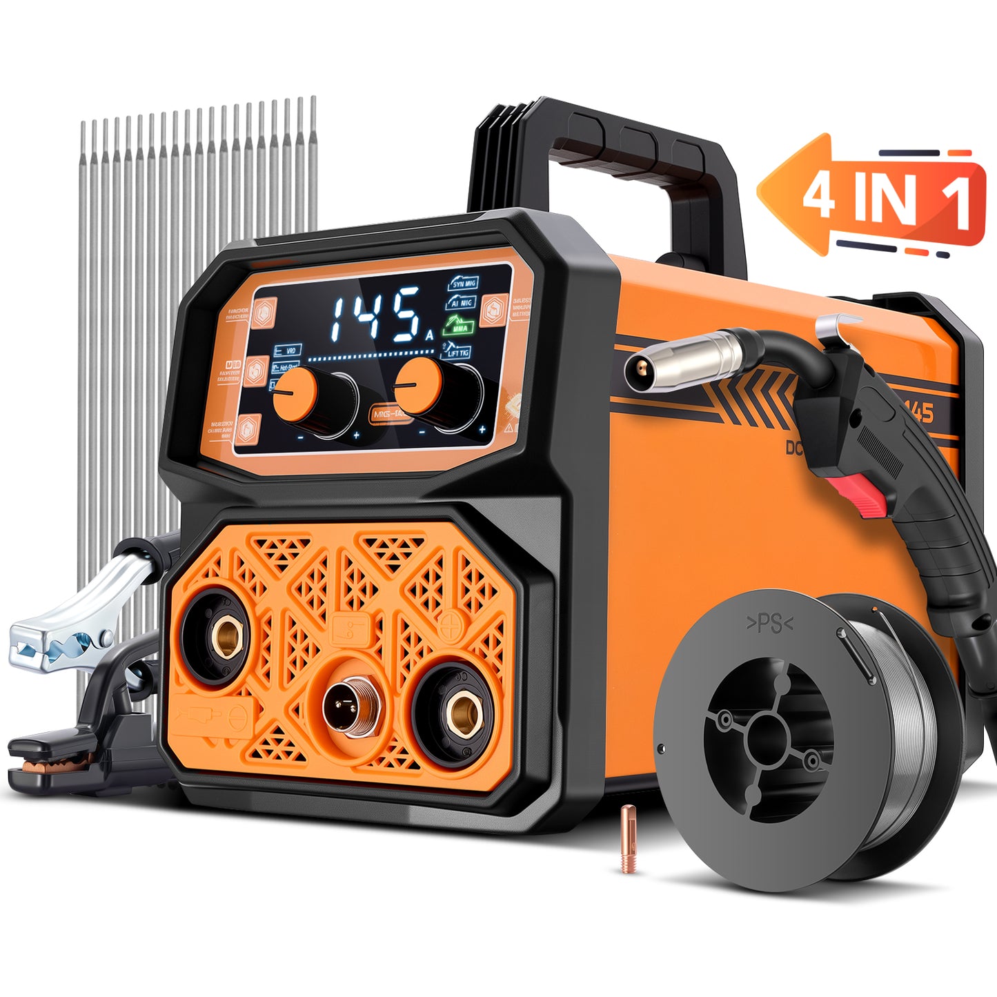 145 Amp 4-in-1 MIG Welder, 110V Flux Core Welder with MIG, Lift TIG, and Stick Functions, IGBT Inverter, for Steel, Stainless, and Alloy, Ideal for Home DIY, Auto Repair & Metal Projects