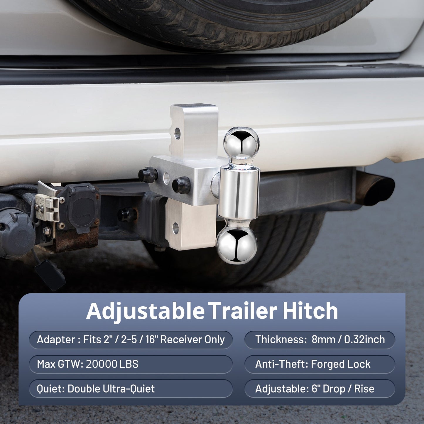 SPBTAR Heavy Duty Adjustable Trailer Hitch, Fits 2" Receiver, 6" Drop/Rise Aluminum Tow Hitch, 20,000 lbs GTW, Dual Ball (2" & 2‑5/16"), with Two Anti‑Theft Pins for Trucks & Trailers