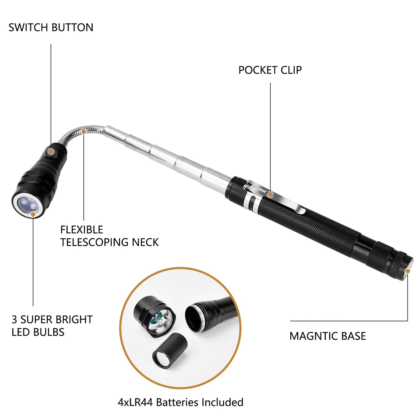 SPBTAR Telescoping Magnetic Flashlight, 22" LED Extendable Work Light with 360° Swivel Magnet Head, Pickup Tool, Gifts for Men Women Dad Husband Mechanic