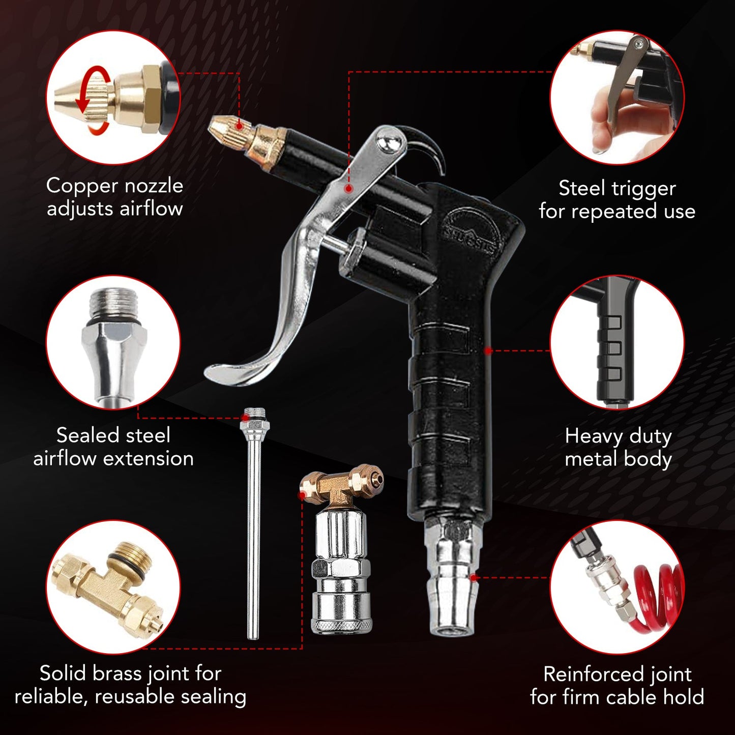 SPBTAR Heavy Duty Air Blow Gun Kit with 30FT Recoil Hose, 2 Interchangeable Nozzles, 180 PSI High Pressure, Quick Connect Truck Cab Cleaning Tool
