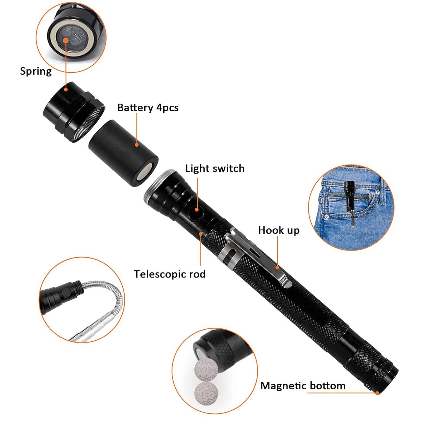 SPBTAR Telescoping Magnetic Flashlight, 22" LED Extendable Work Light with 360° Swivel Magnet Head, Pickup Tool, Gifts for Men Women Dad Husband Mechanic