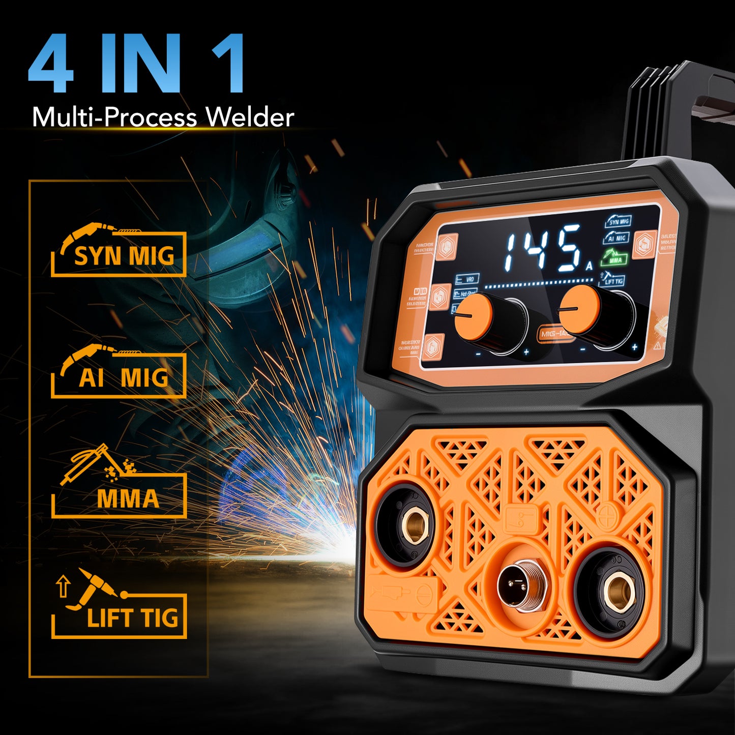 145 Amp 4-in-1 MIG Welder, 110V Flux Core Welder with MIG, Lift TIG, and Stick Functions, IGBT Inverter, for Steel, Stainless, and Alloy, Ideal for Home DIY, Auto Repair & Metal Projects
