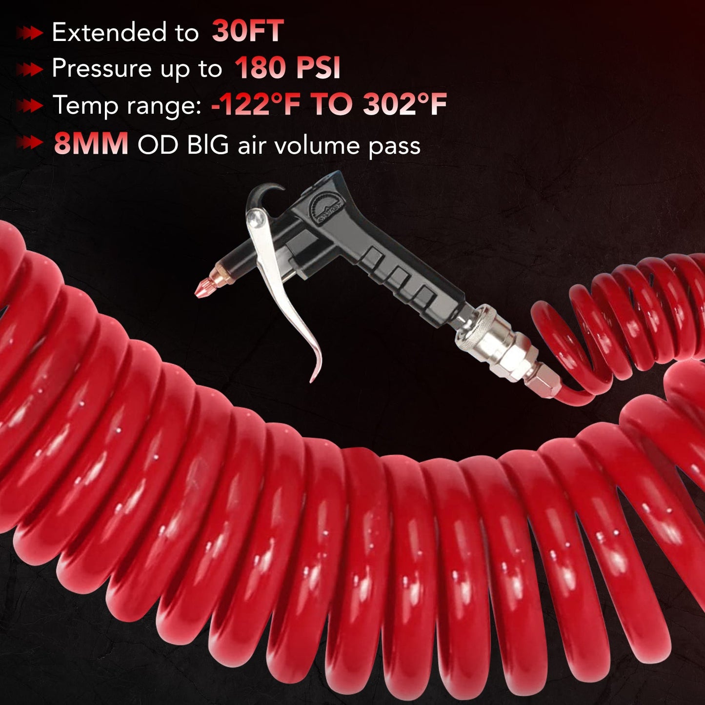 SPBTAR Heavy Duty Air Blow Gun Kit with 30FT Recoil Hose, 2 Interchangeable Nozzles, 180 PSI High Pressure, Quick Connect Truck Cab Cleaning Tool
