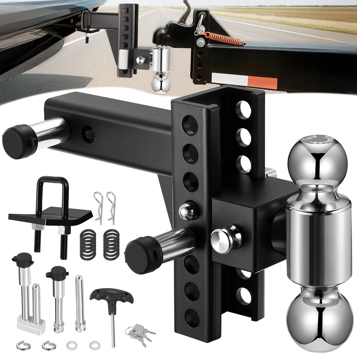 SPBTAR Heavy Duty Adjustable Trailer Hitch for 2" Receiver, 20,000 lbs GTW Aluminum Drop Hitch with 6" Drop/Rise, Dual Ball Mount (2" & 2-5/16") and 2 Anti-Theft Locking Pins