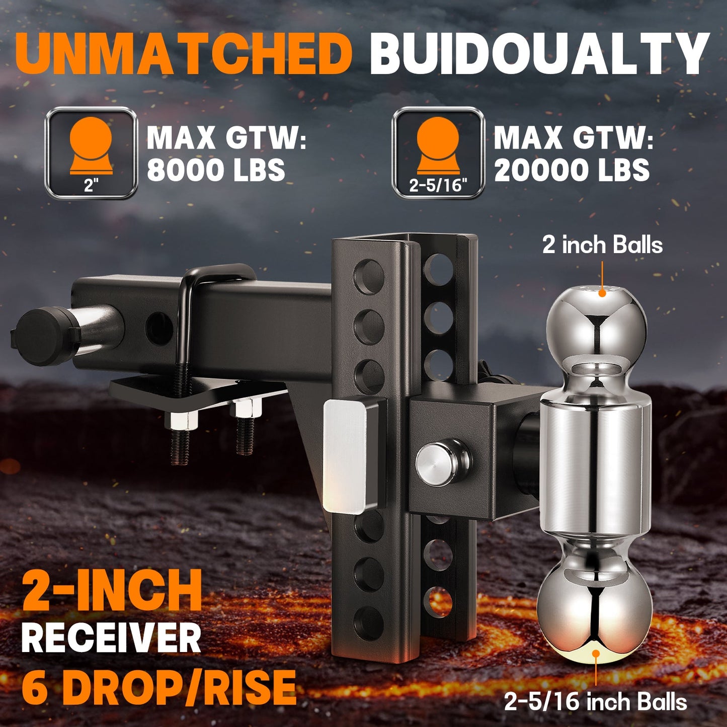 SPBTAR Heavy Duty Adjustable Trailer Hitch for 2" Receiver, 20,000 lbs GTW Aluminum Drop Hitch with 6" Drop/Rise, Dual Ball Mount (2" & 2-5/16") and 2 Anti-Theft Locking Pins