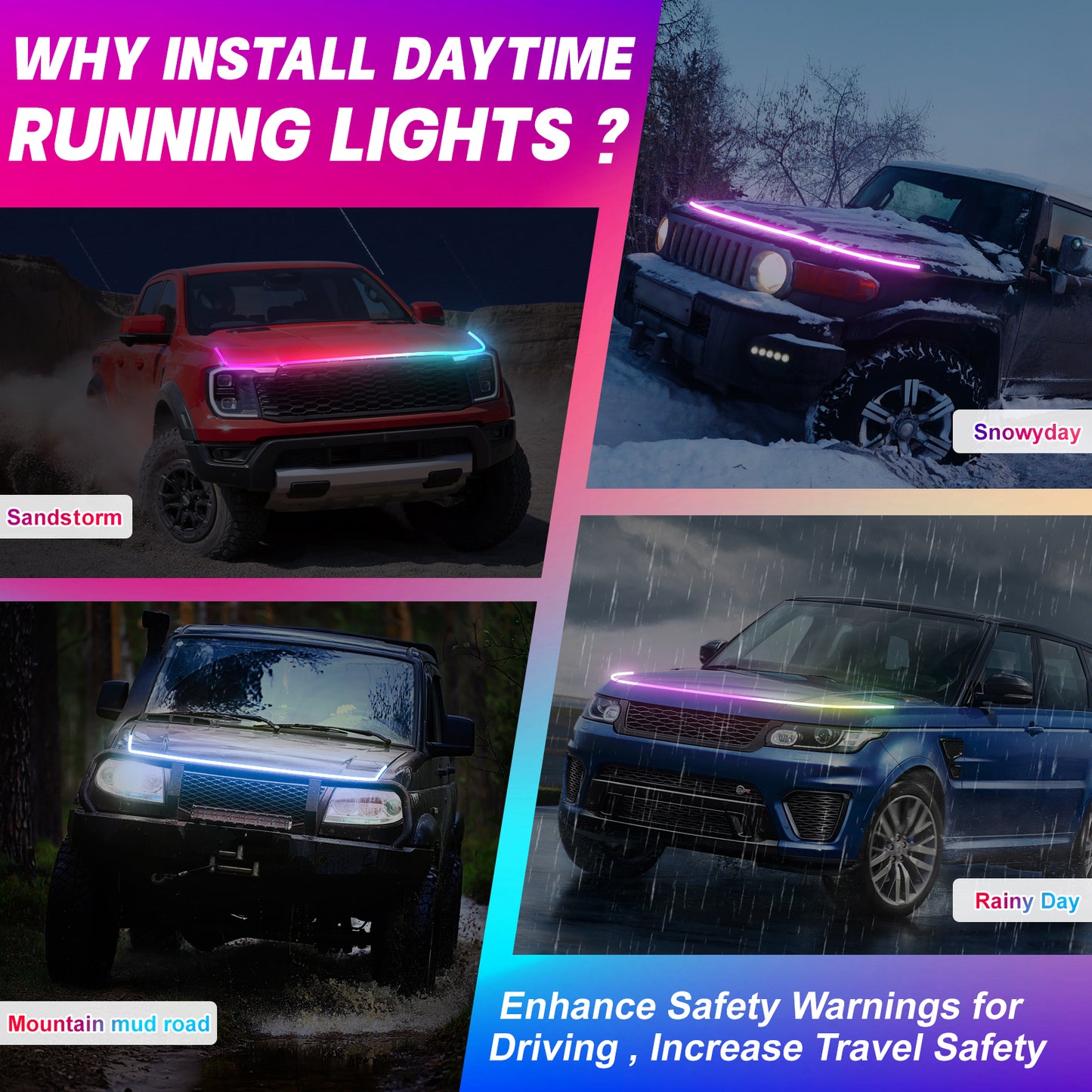 SPBTAR 59" Car Led Lights, Multicolor LED Car Hood Lights Exterior Waterproof RGB Light for Car with APP & Remote Control