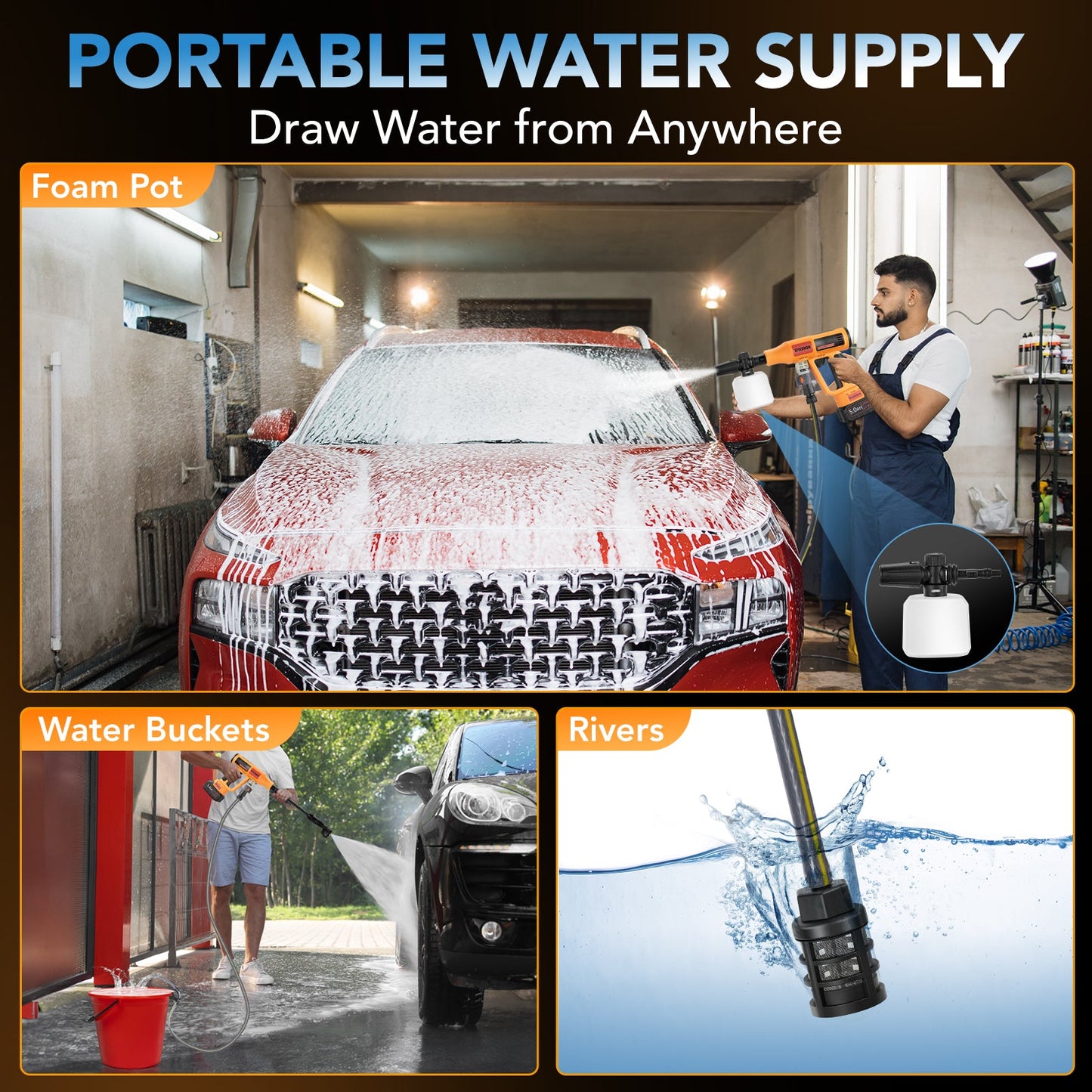 SPBTAR Cordless Pressure Washer, 1500 PSI 3.4 GPM Portable High Pressure Cleaner with Brushless Motor, 6-in-1 Adjustable Nozzle, Power Washer for Car, RV, Deck, Yard