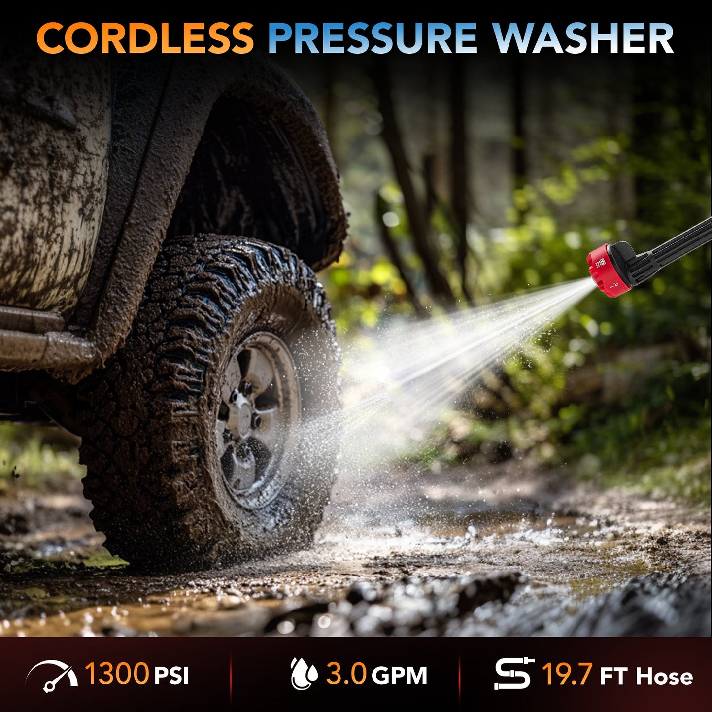 SPBTAR Cordless Pressure Washer, 1300 PSI 3.0 GPM High Power, Brushless Motor, 6-in-1 Adjustable Nozzle, Portable Cleaner for Car, RV, Boat, Yard