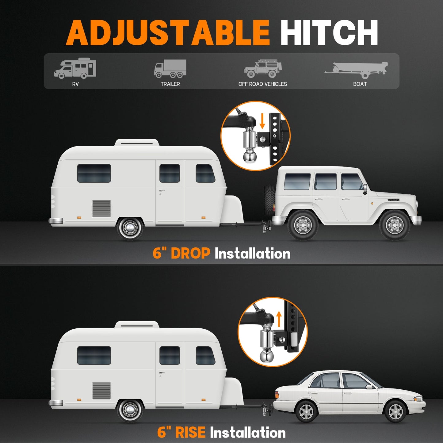 SPBTAR Heavy Duty Adjustable Trailer Hitch for 2" Receiver, 20,000 lbs GTW Aluminum Drop Hitch with 6" Drop/Rise, Dual Ball Mount (2" & 2-5/16") and 2 Anti-Theft Locking Pins