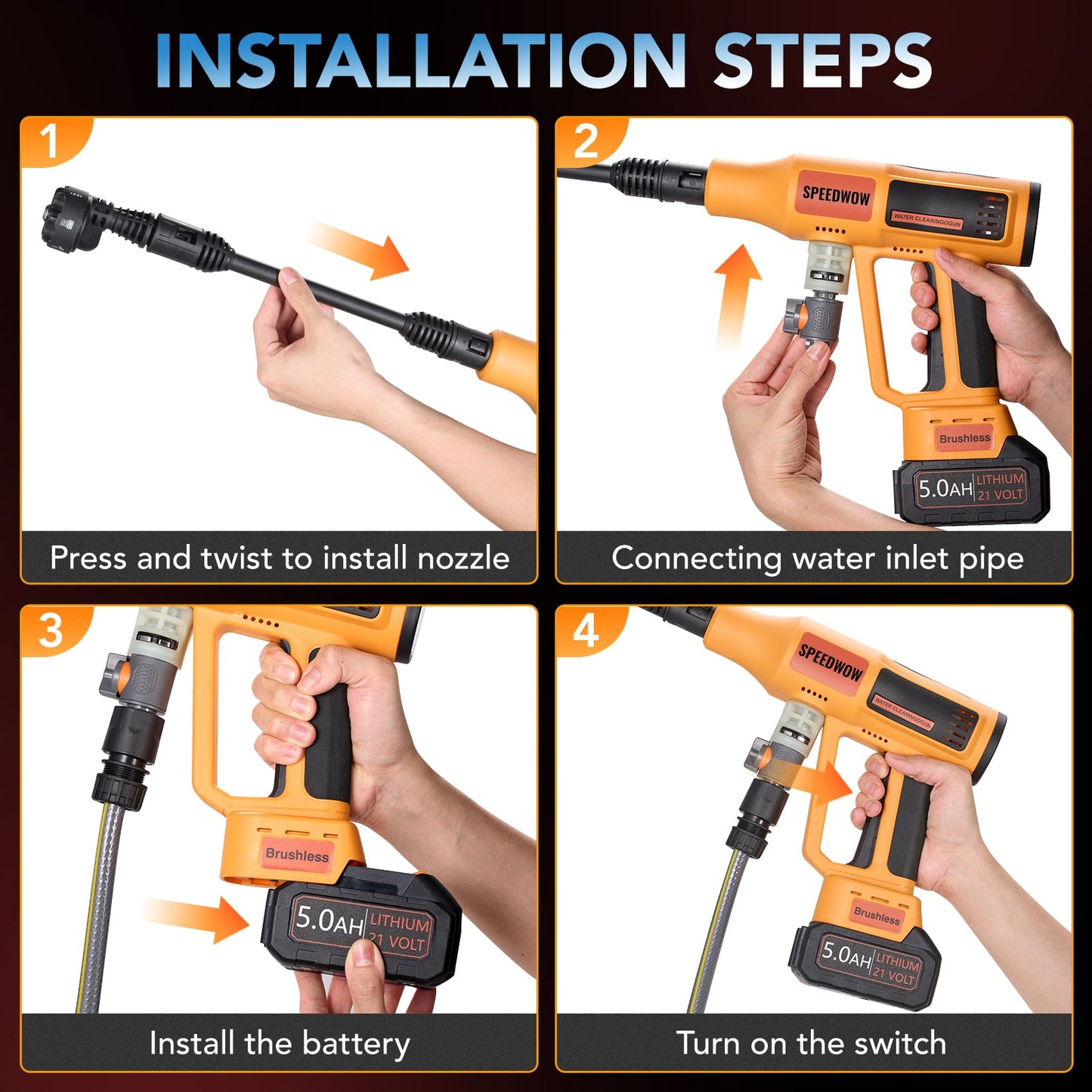 SPBTAR Cordless Pressure Washer, 1500 PSI 3.4 GPM Portable High Pressure Cleaner with Brushless Motor, 6-in-1 Adjustable Nozzle, Power Washer for Car, RV, Deck, Yard
