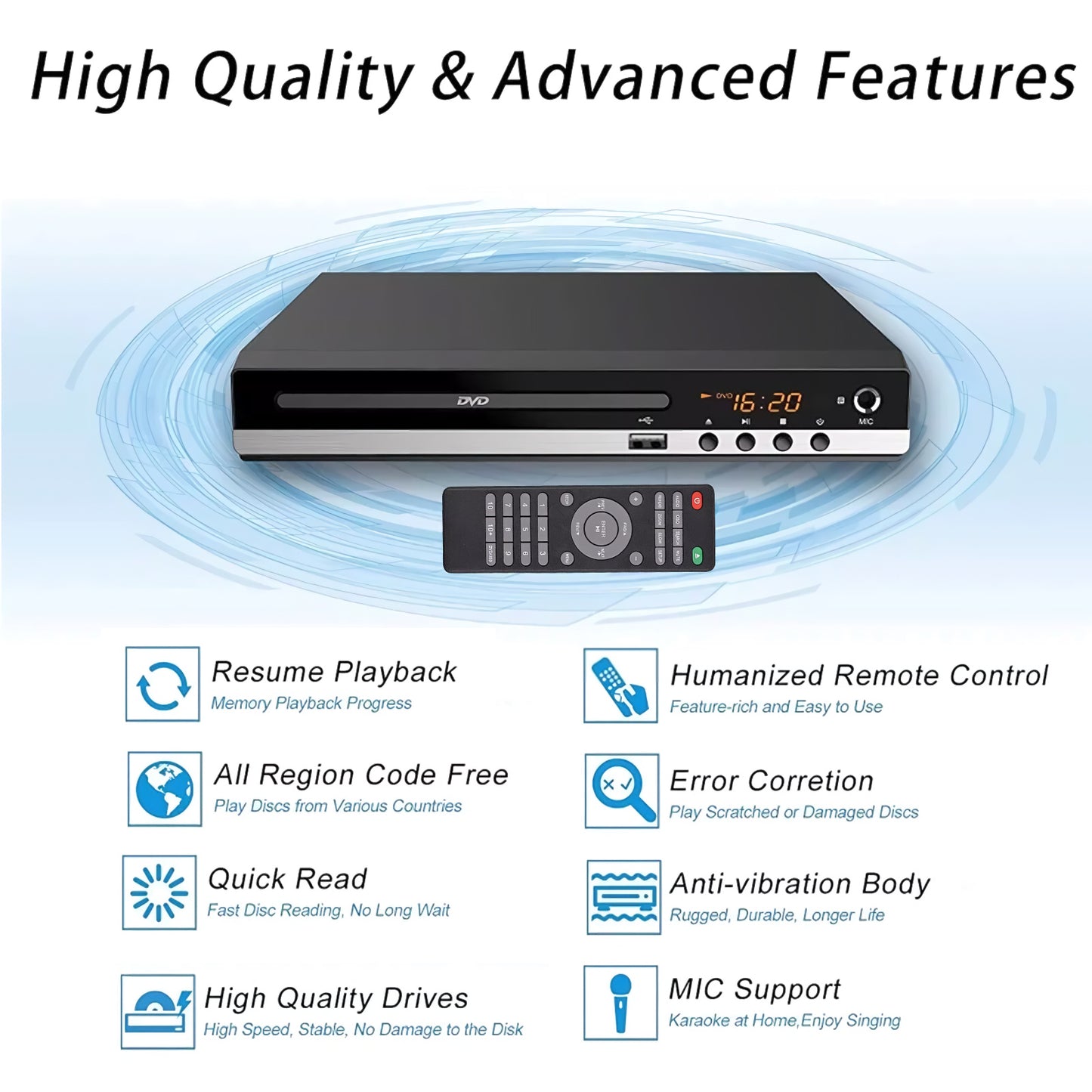 SPBTAR 1080P HD DVD Player for TV, Compact DVD Player with USB Input and HDMI/AC Output, Remote Control, All Region Free, Support PAL/NTSC System