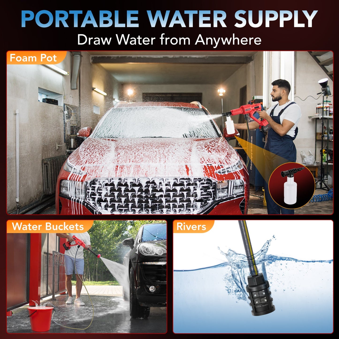 SPBTAR Cordless Pressure Washer, 1300 PSI 3.0 GPM High Power, Brushless Motor, 6-in-1 Adjustable Nozzle, Portable Cleaner for Car, RV, Boat, Yard
