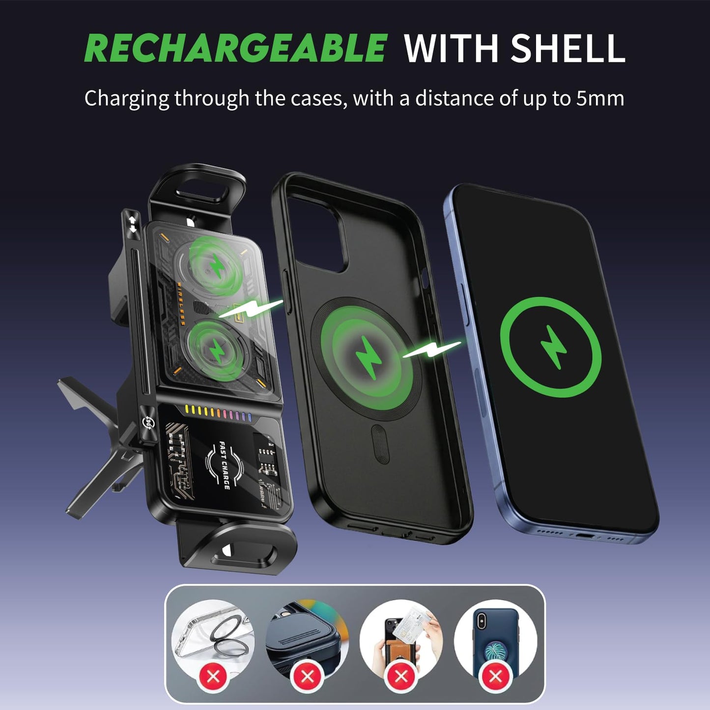 SPBTAR 15W Wireless Car Charger Mount, Auto Clamping Phone Holder with LED Indicator, Qi Fast Charging, 90° Rotation, Air Vent Clip Mount, Compatible with iPhone, Samsung & Qi Devices