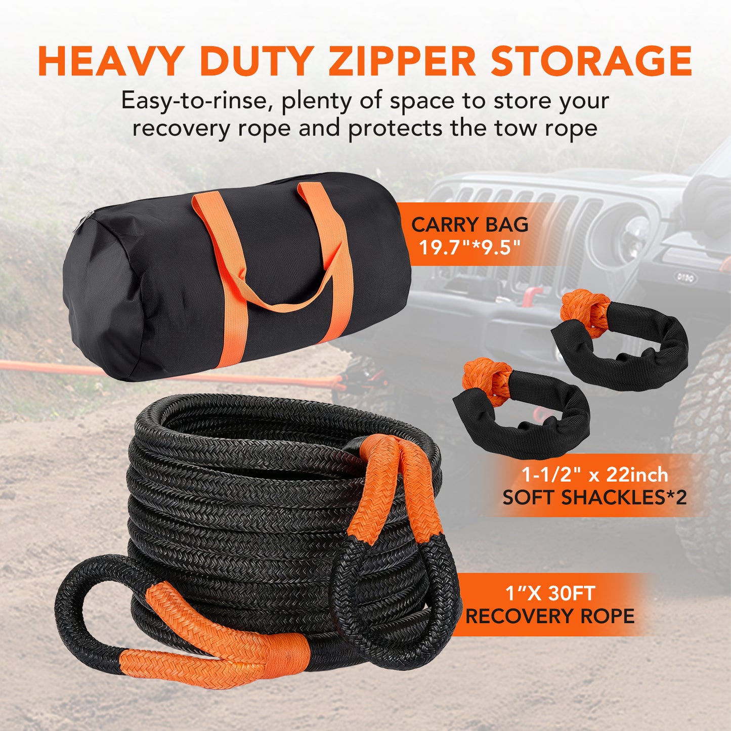 SPBTAR Kinetic Recovery Tow Rope, 1" x 30FT 50000LBS with Two Soft Shackles Heavy Duty Off Road Snatch Strap, 35% High Elasticity Recovery Strap Kit for Truck, Tractor, Car, ATV, UTV, Jeep