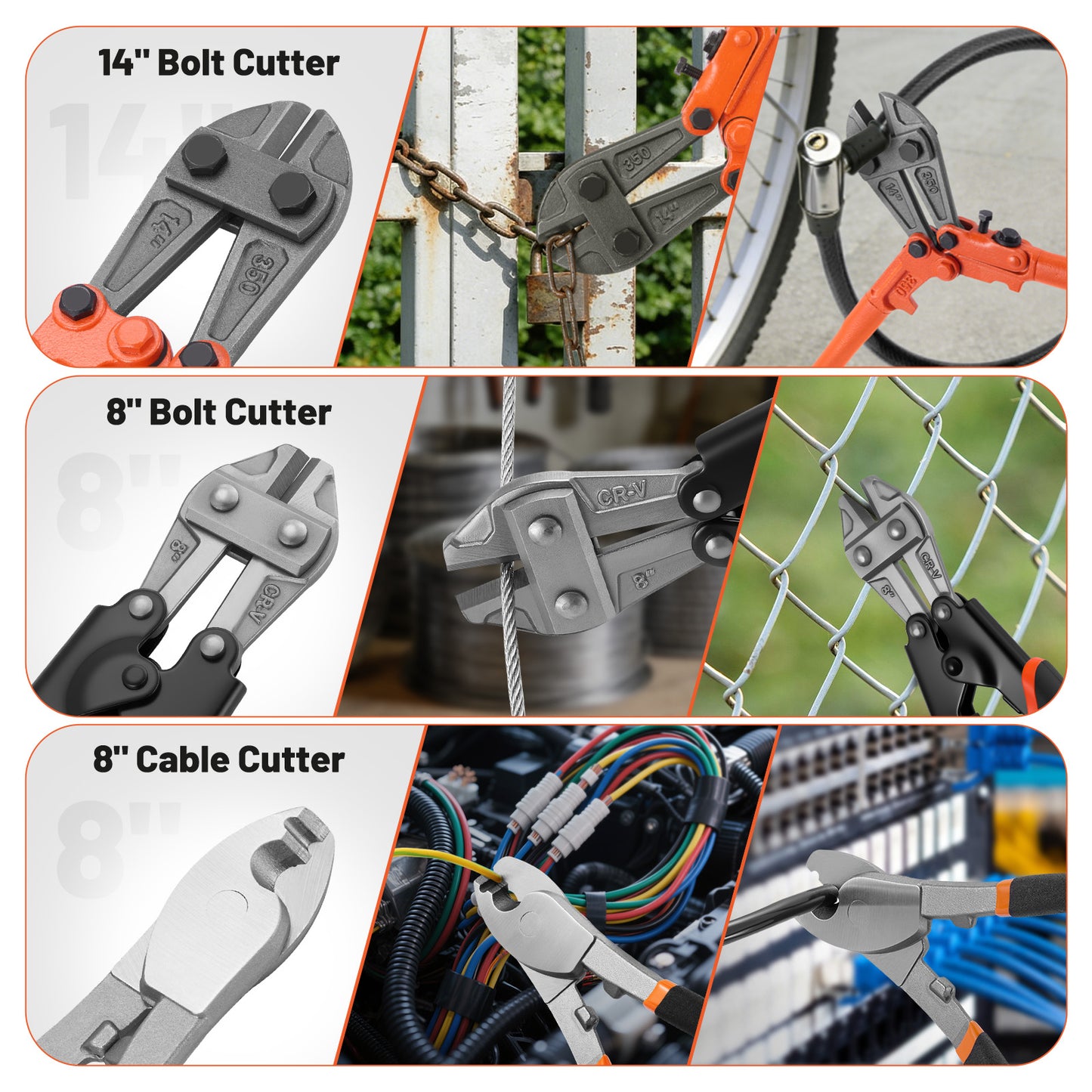 SPBTAR Bolt Cutter Pliers Set 3Pcs, 14" Heavy Duty Bolt Cutter, 8" Mini Bolt Cutter, 8" Wire Cable Cutter with Carrying Bag, CR-V Blade, Easily for Cutting Locks, Chains, Iron Wire