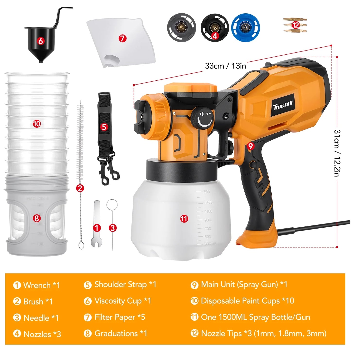 SPBTAR HVLP Paint Sprayer - 550W Electric Spray Gun with 1500ML Cup & 10 Disposable Cups, 3 Brass Nozzles & Spray Patterns for Furniture, Fence, Wall & DIY Painting