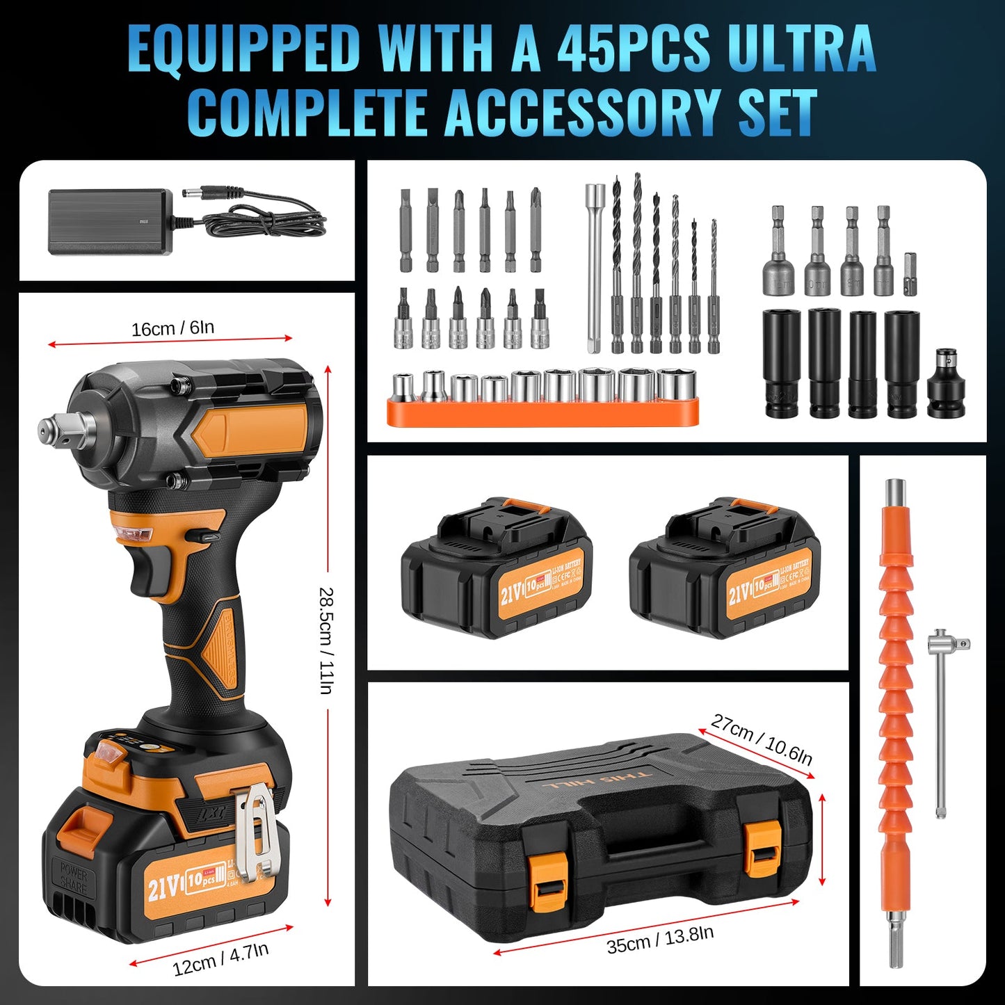 SPBTAR 1/2" Cordless Impact Wrench Kit, 1000N·m Brushless Motor, 21V 4.0Ah x2 Battery, 45PCS Socket & Drill Set for Car, Truck, RV, DIY